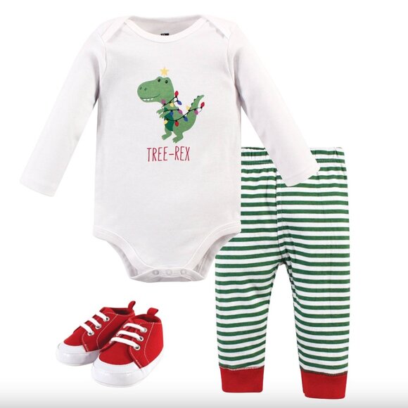 HUDSON BABY BODY SUIT, STRIPED LEGGINGS, RED SHOES, “TREE REX” DINO 🦖 SUPER CUTE - Picture 1 of 1